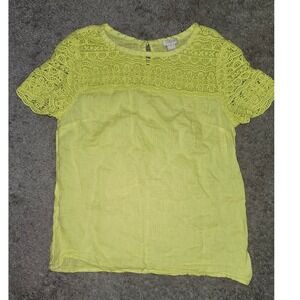 J.Crew Womens Citron Yellow Linen Crochet Lace Yoke Short Sleeve Blouse Size 2